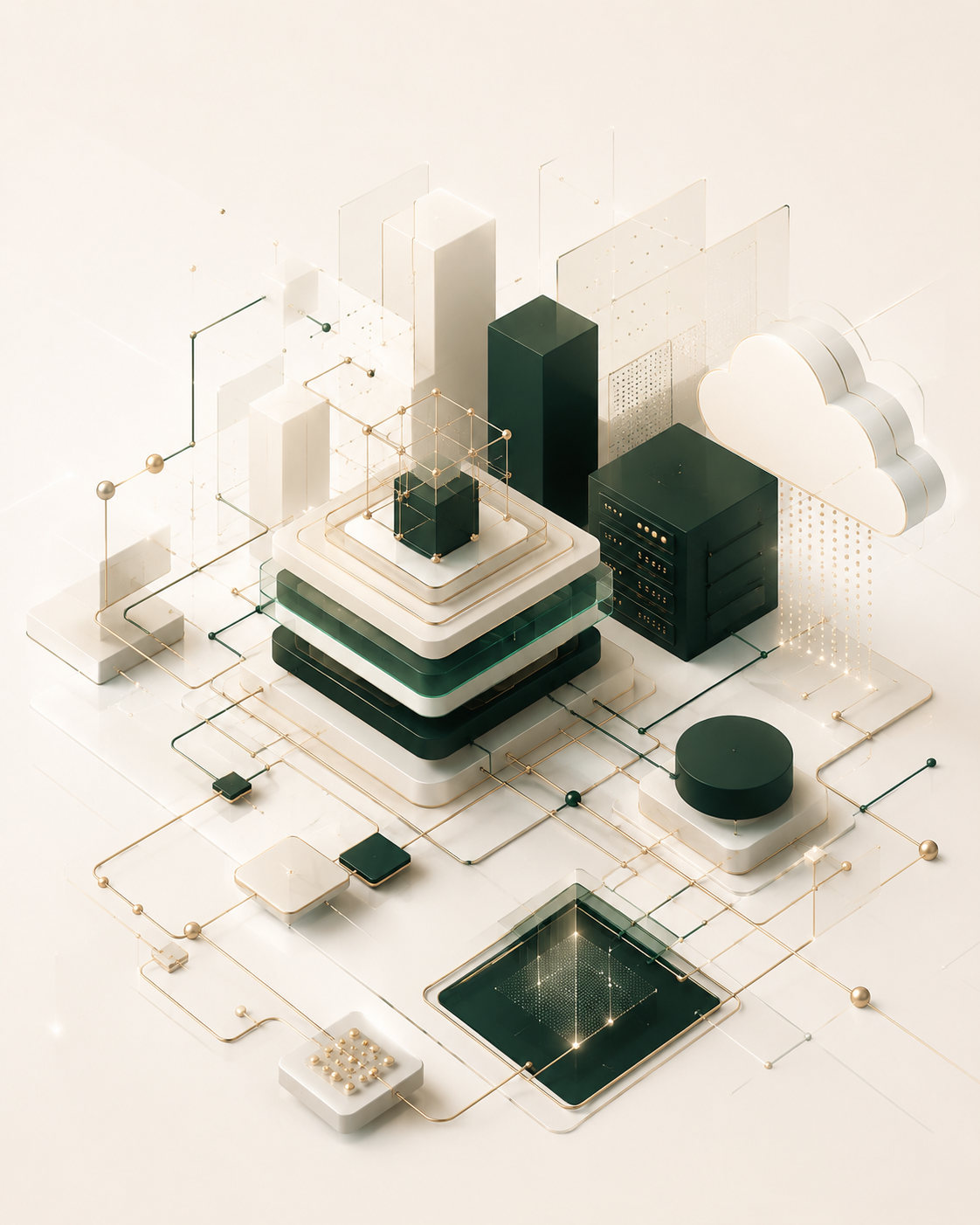 Isometric illustration of intelligent business systems — cloud, data, and connected infrastructure in forest green and gold